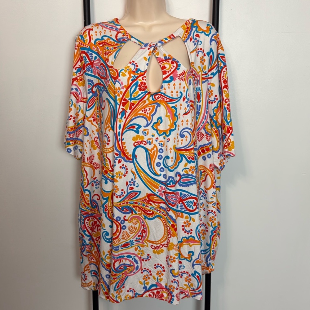 Jessica London Cut Out Swing Keyhole Orange/Multicolor Tunic Top Short Sleeve